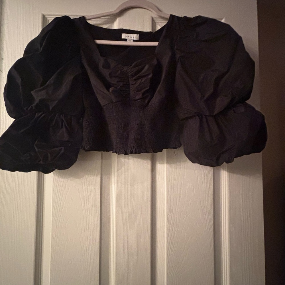 Topshop Black Puff Sleeve Ruffled Crop Blouse
